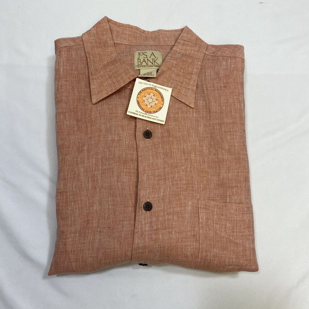 Jos A Bank Linen Shirt Men's Medium Pink Short Sleeve Summer Comfort Button Up - Picture 13 of 16